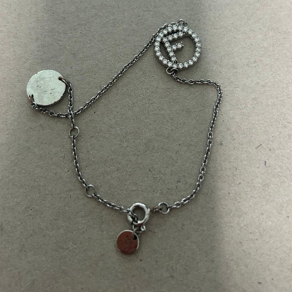Fendi Roma Silver Tone Crystal‎ F Logo Pendant Bracelet With COA #682